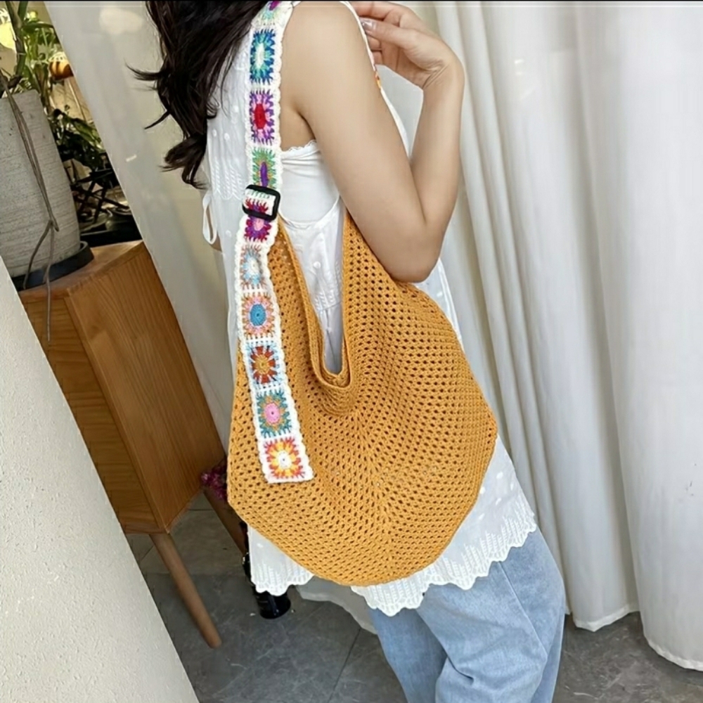 Knit Hobo Shoulder Bag w/ Crochet Strap (Multiple Colors Avail - Pick 1) - Picture 11 of 11